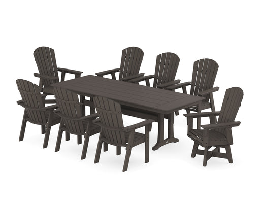 POLYWOOD Nautical Curveback Adirondack Swivel 9-Piece Farmhouse Dining Set with Trestle Legs in Vintage Coffee image