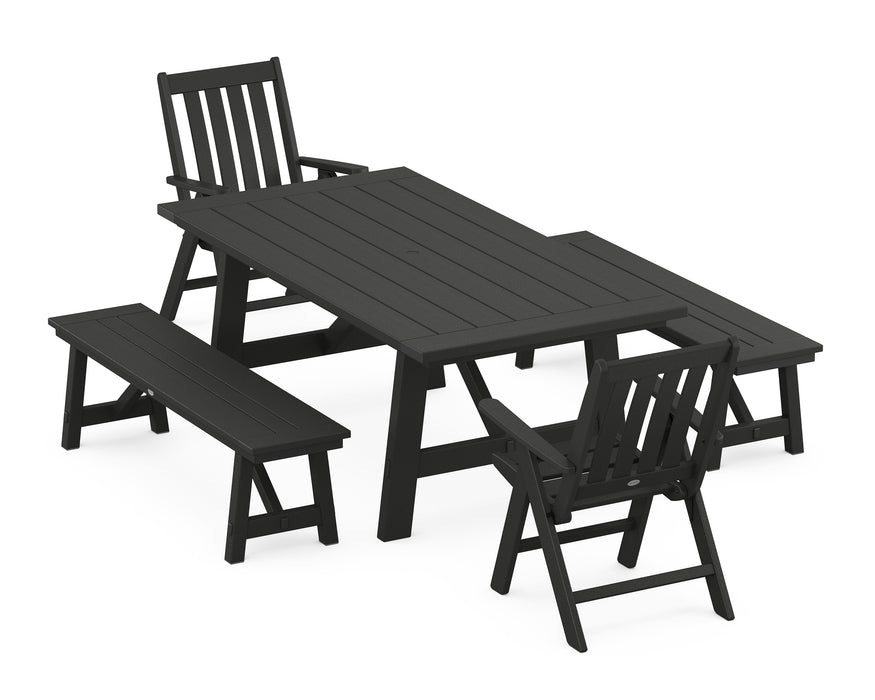 POLYWOOD Vineyard Folding Chair 5-Piece Rustic Farmhouse Dining Set With Benches in Black