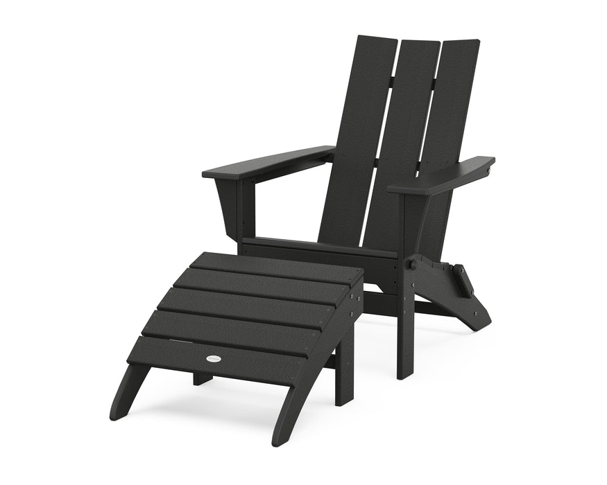 POLYWOOD Modern Folding Adirondack Chair 2-Piece Set with Ottoman in Black