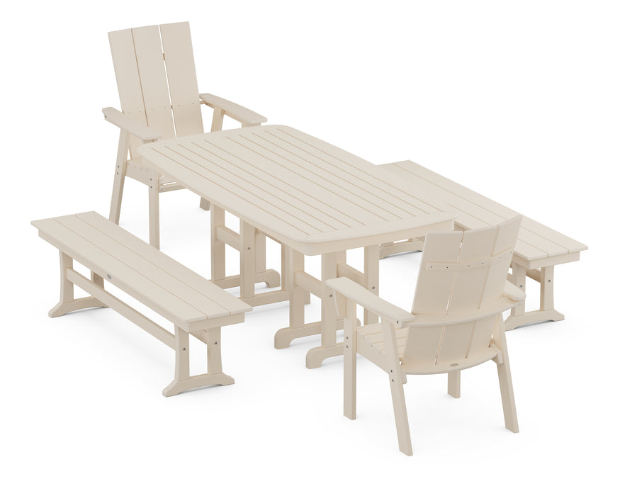 POLYWOOD Modern Curveback Adirondack 5-Piece Dining Set with Benches in Sand image