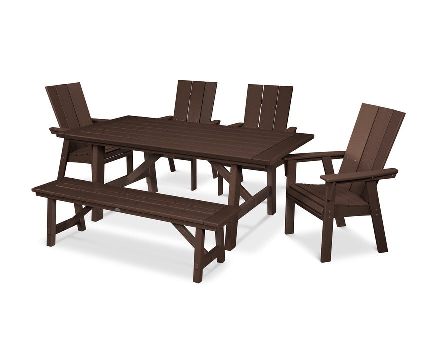 POLYWOOD Modern Curveback Adirondack 6-Piece Rustic Farmhouse Dining Set with Bench in Mahogany image