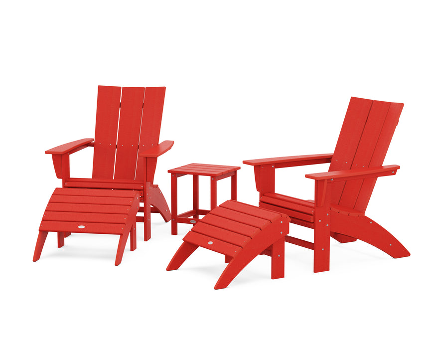 POLYWOOD Modern Curveback Adirondack Chair 5-Piece Set with Ottomans and 18" Side Table in Sunset Red image