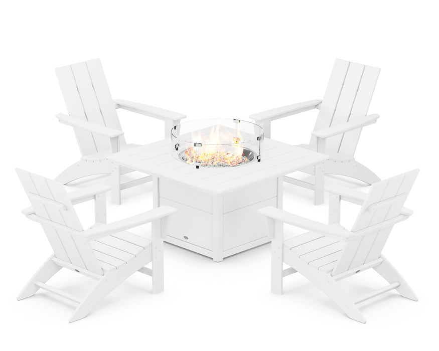 POLYWOOD Modern 5-Piece Adirondack Chair Conversation Set with Fire Pit Table in White image