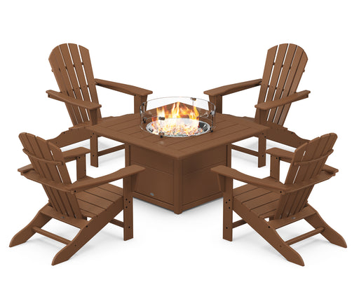 POLYWOOD Palm Coast 5-Piece Adirondack Chair Conversation Set with Fire Pit Table in Teak image