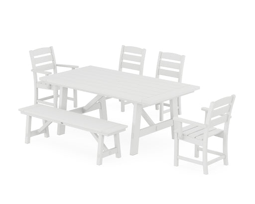 POLYWOOD Lakeside 6-Piece Rustic Farmhouse Dining Set With Bench in White image