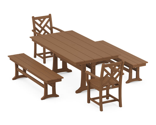 POLYWOOD Chippendale 5-Piece Farmhouse Dining Set With Trestle Legs in Teak image