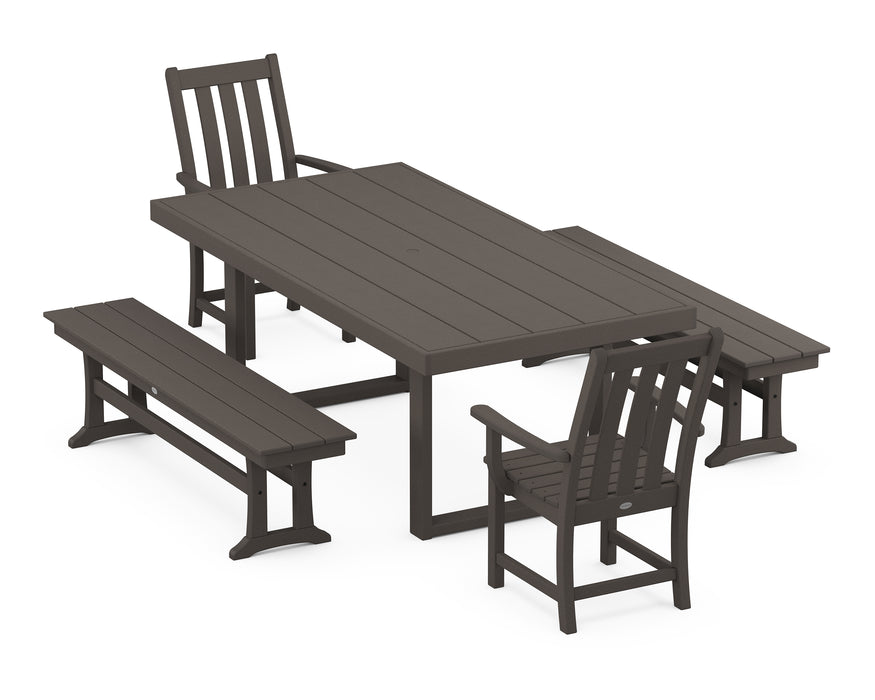 POLYWOOD Vineyard 5-Piece Dining Set with Benches in Vintage Coffee