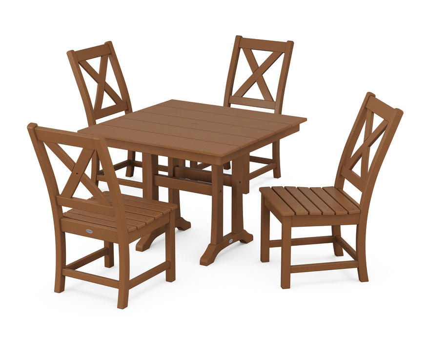 POLYWOOD Braxton Side Chair 5-Piece Farmhouse Dining Set With Trestle Legs in Teak image