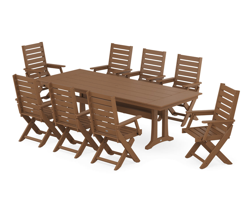 POLYWOOD Captain 9-Piece Farmhouse Dining Set with Trestle Legs in Teak image