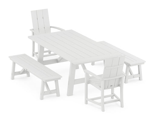 POLYWOOD Modern Adirondack 5-Piece Rustic Farmhouse Dining Set With Benches in White image