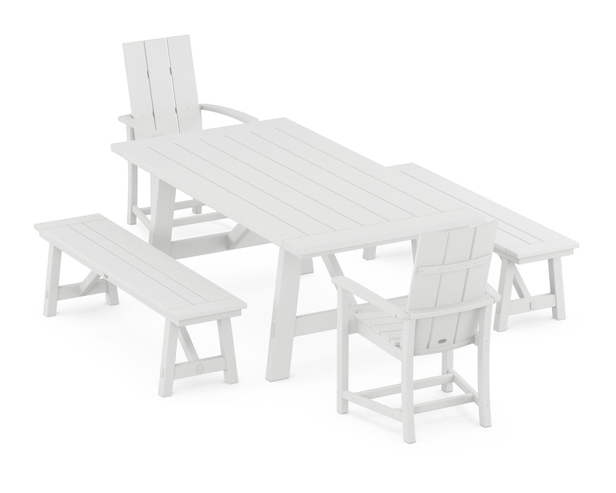 POLYWOOD Modern Adirondack 5-Piece Rustic Farmhouse Dining Set With Benches in White