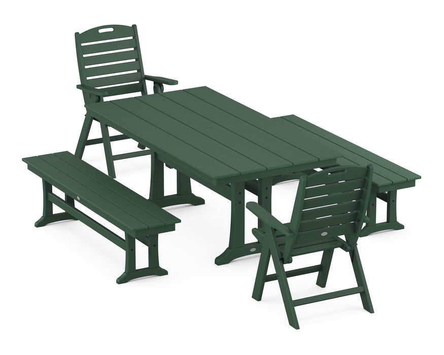 POLYWOOD Nautical Highback Chair 5-Piece Farmhouse Dining Set With Trestle Legs and Benches in Green image