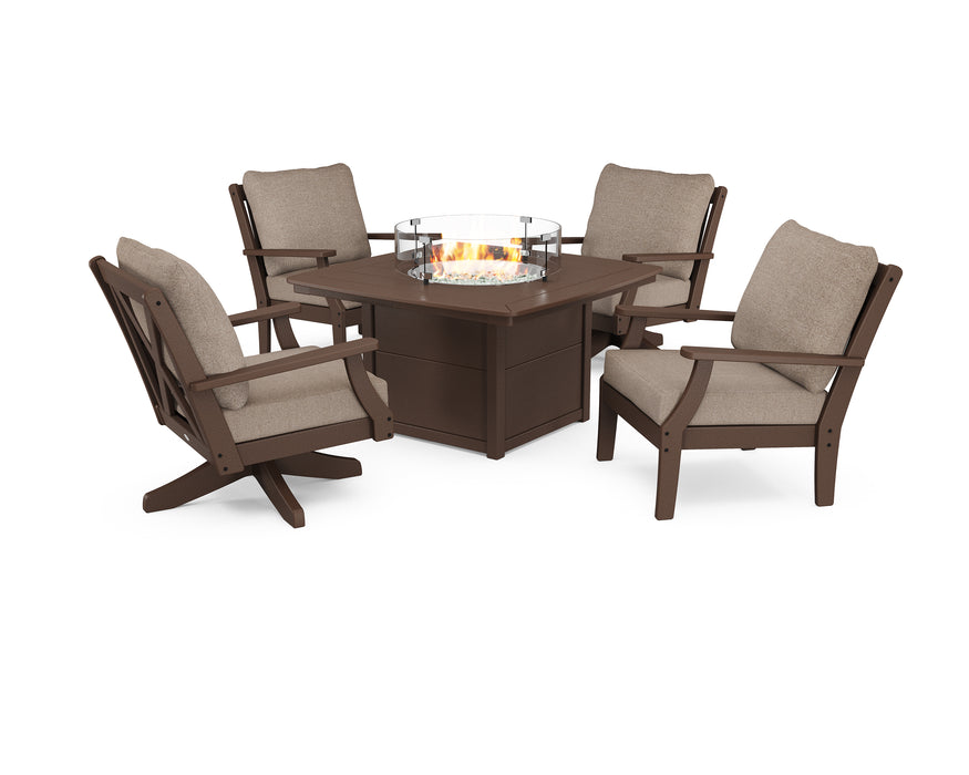 POLYWOOD Braxton 5-Piece Deep Seating Set with Fire Table in Mahogany / Spiced Burlap