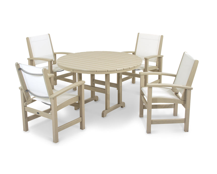 POLYWOOD Coastal 5-Piece Round Farmhouse Dining Set in Sand / White Sling image