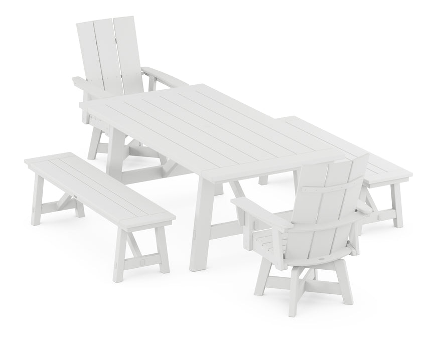 POLYWOOD Modern Curveback Adirondack Swivel Chair 5-Piece Rustic Farmhouse Dining Set With Benches in White image