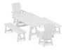 POLYWOOD Modern Curveback Adirondack Swivel Chair 5-Piece Rustic Farmhouse Dining Set With Benches in White image