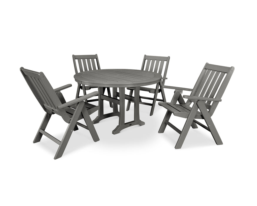 POLYWOOD Vineyard Folding Chair 5-Piece Round Dining Set with Trestle Legs in Slate Grey