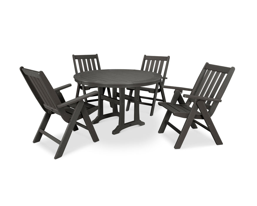 POLYWOOD Vineyard Folding Chair 5-Piece Round Dining Set with Trestle Legs in Vintage Coffee