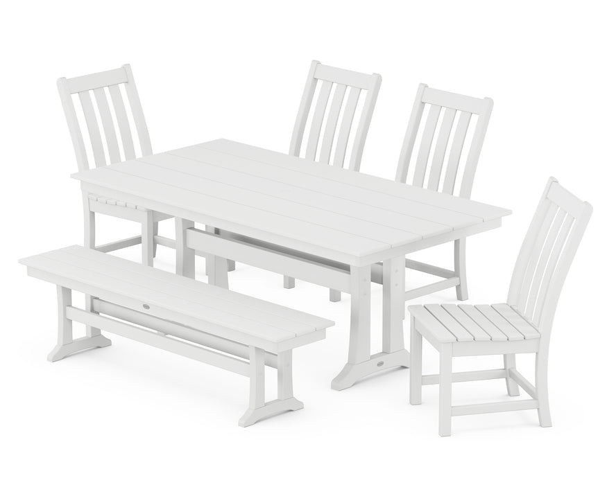 POLYWOOD Vineyard Side Chair 6-Piece Farmhouse Dining Set with Trestle Legs and Bench in White