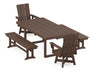 POLYWOOD Modern Adirondack Swivel Chair 5-Piece Dining Set with Benches in Mahogany image