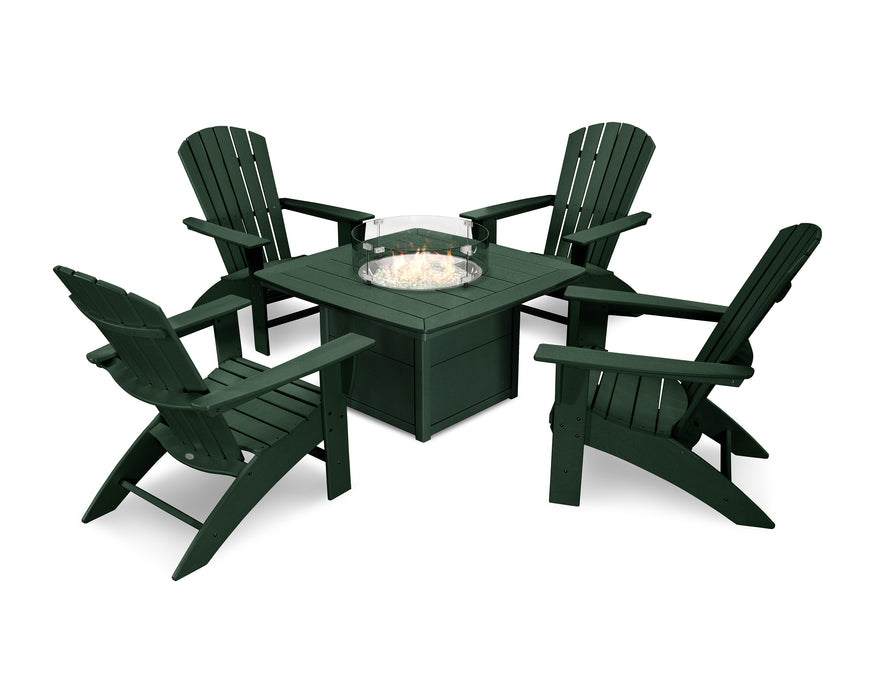 POLYWOOD Nautical Curveback Adirondack 5-Piece Conversation Set with Fire Table in Green image