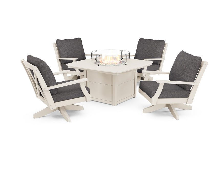 POLYWOOD Braxton 5-Piece Deep Seating Swivel Conversation Set with Fire Pit Table in Sand / Ash Charcoal image