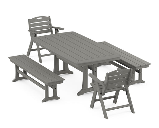 POLYWOOD Nautical Lowback Chair 5-Piece Dining Set with Trestle Legs and Benches in Slate Grey image