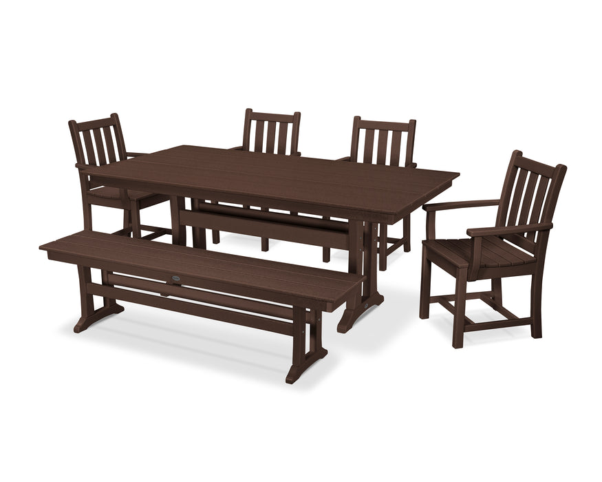 POLYWOOD Traditional Garden Arm Chair 6-Piece Farmhouse Dining Set with Trestle Legs and Bench in Mahogany image