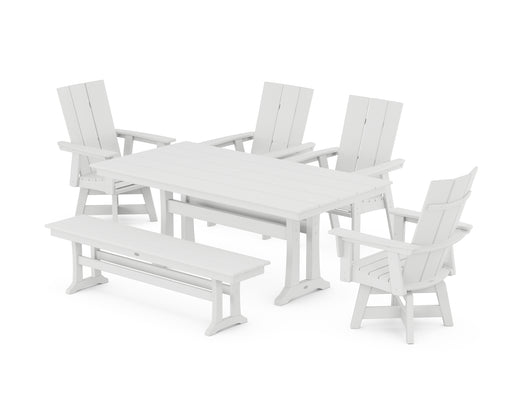 POLYWOOD Modern Curveback Adirondack Swivel Chair 6-Piece Farmhouse Dining Set With Trestle Legs and Bench in White image