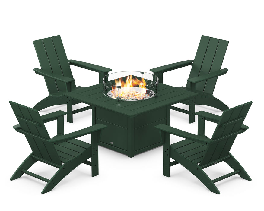 POLYWOOD Modern 5-Piece Adirondack Chair Conversation Set with Fire Pit Table in Green image