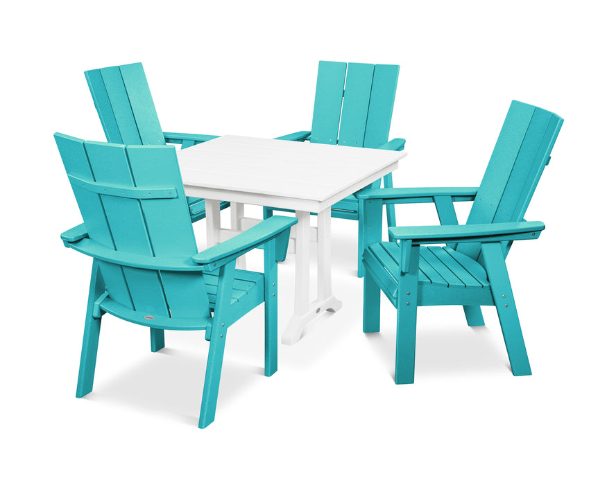 POLYWOOD Modern Curveback Adirondack 5-Piece Farmhouse Trestle Dining Set in Aruba / White image