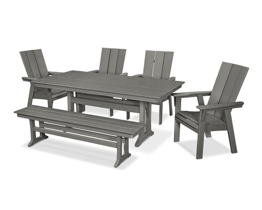 POLYWOOD Modern Curveback Adirondack 6-Piece Farmhouse Dining Set with Trestle Legs and Bench in Slate Grey image