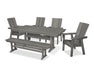 POLYWOOD Modern Curveback Adirondack 6-Piece Farmhouse Dining Set with Trestle Legs and Bench in Slate Grey image