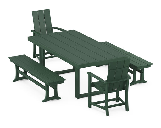 POLYWOOD Modern Adirondack 5-Piece Dining Set with Benches in Green image