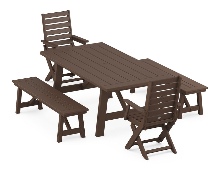 POLYWOOD Captain 5-Piece Rustic Farmhouse Dining Set With Benches in Mahogany image