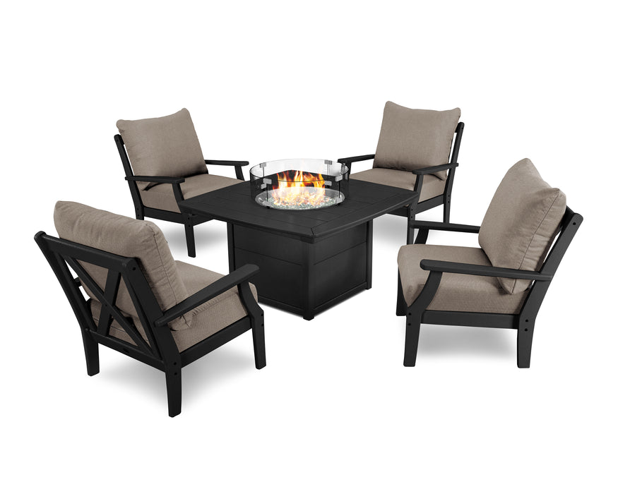 POLYWOOD Braxton 5-Piece Deep Seating Conversation Set with Fire Pit Table in Black / Sancy Shale image