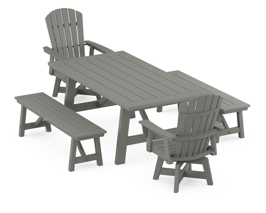 POLYWOOD Nautical Curveback Adirondack Swivel Chair 5-Piece Rustic Farmhouse Dining Set With Benches in Slate Grey image