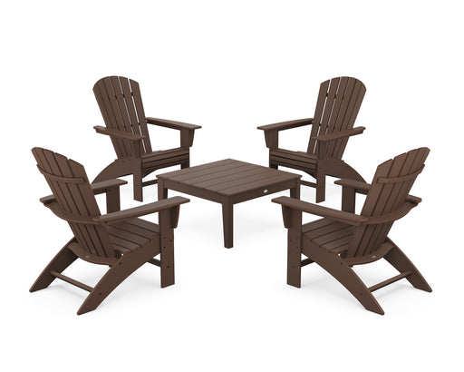 POLYWOOD 5-Piece Nautical Curveback Adirondack Chair Conversation Set with 36" Conversation Table in Mahogany image