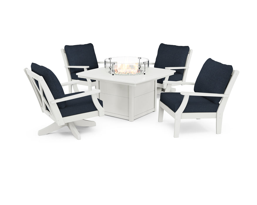 POLYWOOD Braxton 5-Piece Deep Seating Set with Fire Table in Vintage White / Marine Indigo