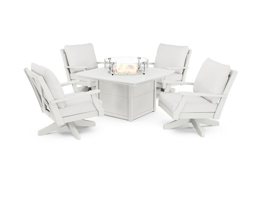 POLYWOOD Braxton 5-Piece Deep Seating Swivel Conversation Set with Fire Pit Table in Vintage White / Natural Linen image