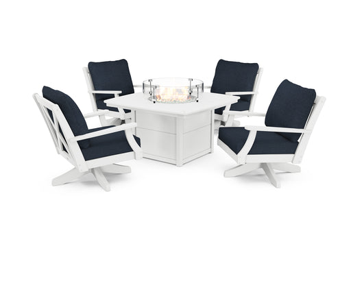 POLYWOOD Braxton 5-Piece Deep Seating Swivel Conversation Set with Fire Pit Table in White / Marine Indigo image