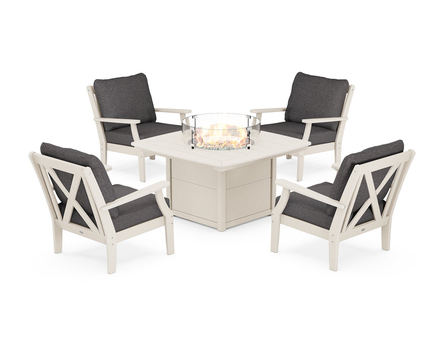 POLYWOOD Braxton 5-Piece Deep Seating Conversation Set with Fire Pit Table in Sand / Ash Charcoal image