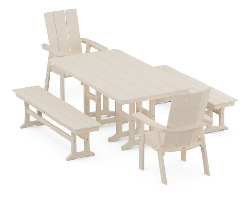 POLYWOOD Modern Curveback Adirondack 5-Piece Farmhouse Dining Set with Benches in Sand image