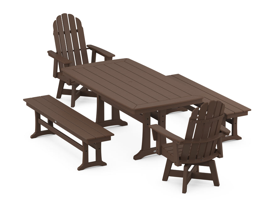 POLYWOOD Vineyard Adirondack Swivel Chair 5-Piece Dining Set with Trestle Legs and Benches in Mahogany