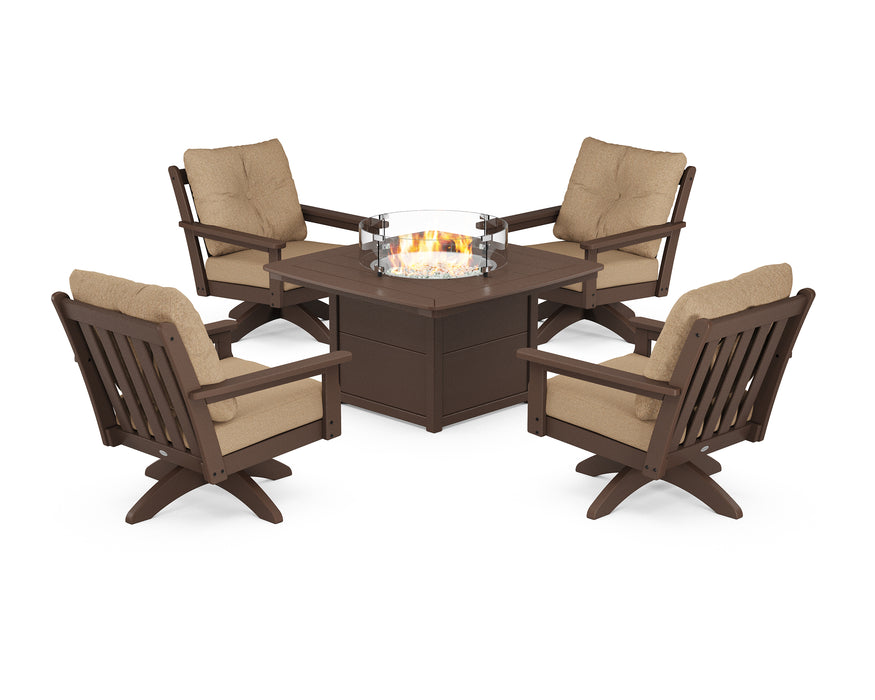 POLYWOOD Vineyard 5-Piece Deep Seating Swivel Conversation Set with Fire Pit Table in Mahogany / Sesame