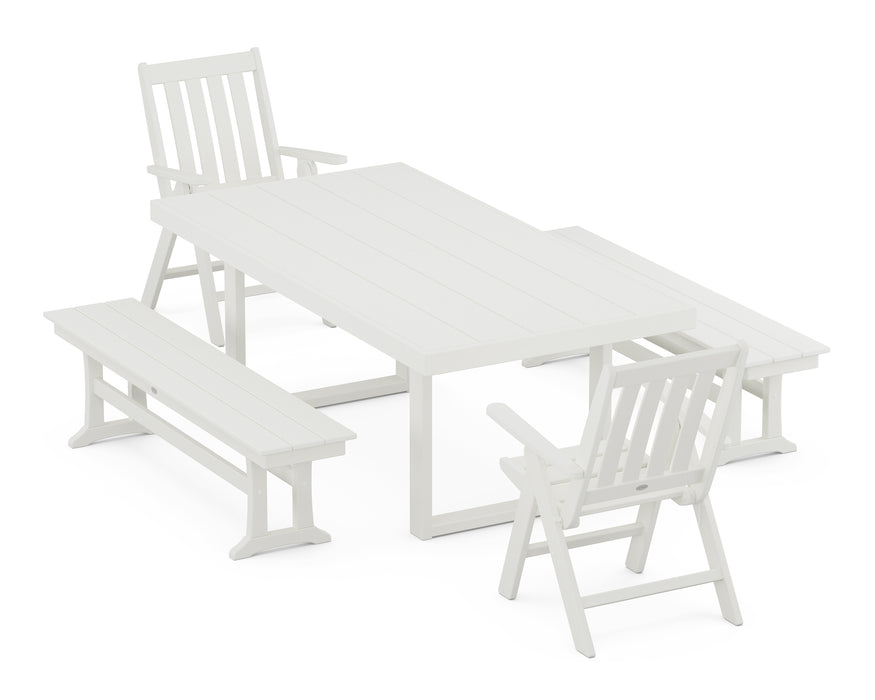 POLYWOOD Vineyard Folding Chair 5-Piece Dining Set with Benches in Vintage White