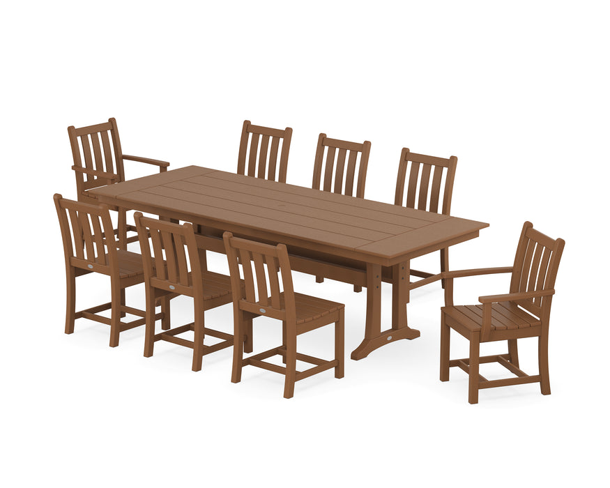 POLYWOOD Traditional Garden 9-Piece Farmhouse Dining Set with Trestle Legs in Teak image