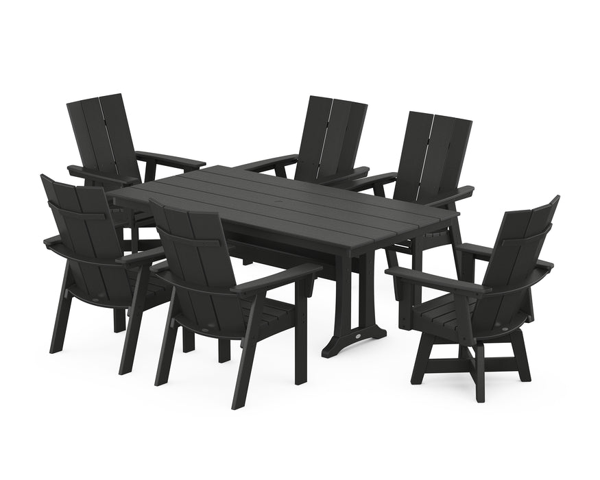 POLYWOOD Modern Curveback Adirondack Swivel Chair 7-Piece Farmhouse Dining Set With Trestle Legs in Black