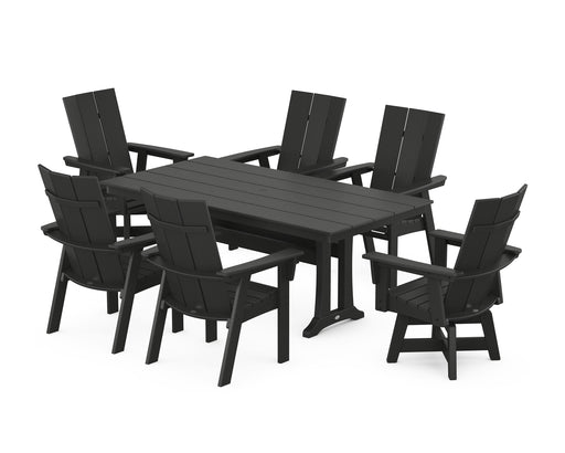 POLYWOOD Modern Curveback Adirondack Swivel Chair 7-Piece Farmhouse Dining Set With Trestle Legs in Black image