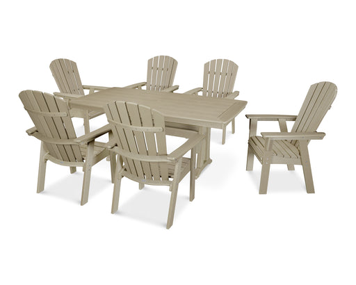 POLYWOOD Nautical Curveback Adirondack 7-Piece Dining Set with Trestle Legs in Vintage Sahara image